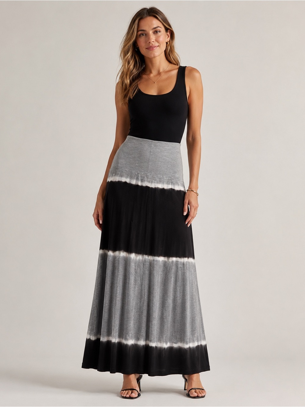 Tie-Dye Tiered Maxi Skirt - Black & Gray
